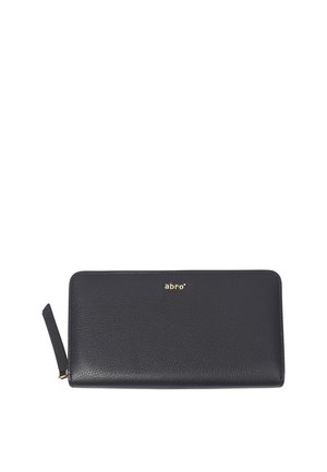 Black leather wallet with a textured surface, gold logo accent, and a zipper closure. Rectangular shape with a side tab for easy opening.