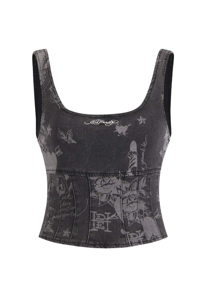 Sort cropped tanktop med en scoop neck, tekstureret stof og trykte designs af stjerner, blomster og tekst over overfladen.
