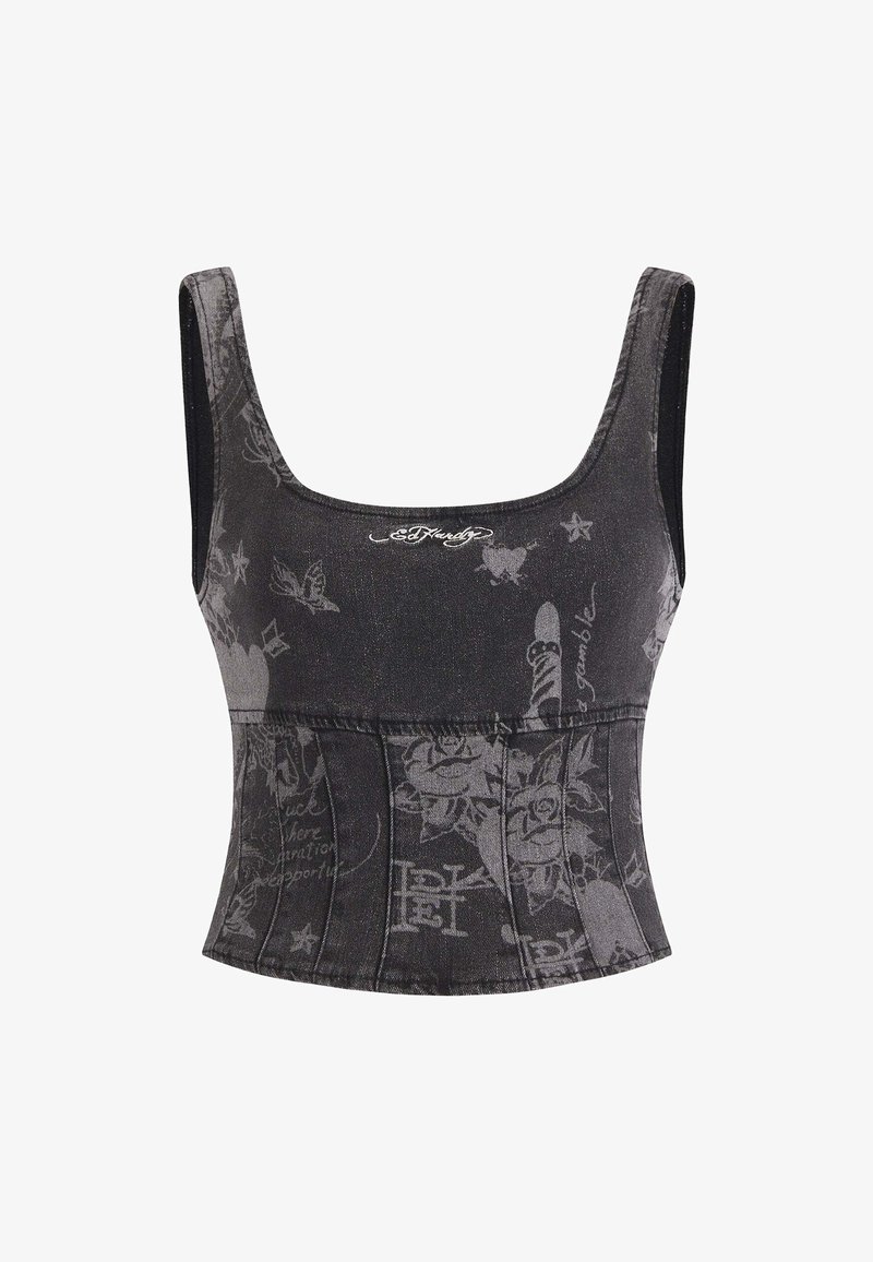 Sort cropped tanktop med en scoop neck, tekstureret stof og trykte designs af stjerner, blomster og tekst over overfladen.
