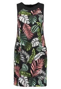 Sleeveless dress made of soft fabric with a black background, featuring vibrant green and pink tropical leaf patterns. Design includes side pockets.