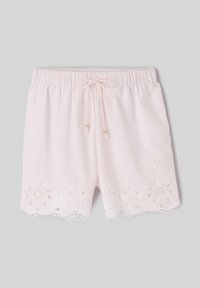 Shorts rose clair à taille élastique avec cordon de serrage à l'avant et détails en dentelle florale ajourée le long de l'ourlet.