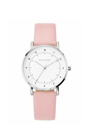 Watch with silver round case, white dial, minimal black hour markers, and pink leather strap.