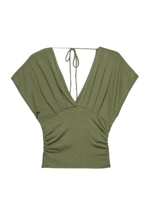 Top da donna verde oliva con scollatura a V profonda, maniche a pipistrello larghe, vita arricciata e sottili lacci nella parte superiore della schiena.