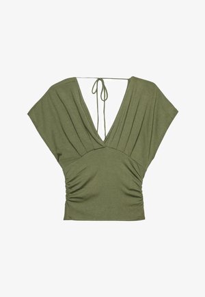 Top da donna verde oliva con scollatura a V profonda, maniche a pipistrello larghe, vita arricciata e sottili lacci nella parte superiore della schiena.