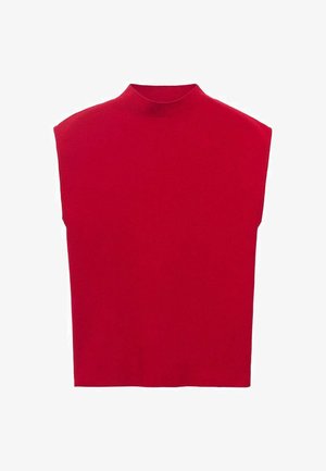 Haut sans manches rouge avec un col montant, fabriqué à partir d'un tissu lisse, présentant une forme carrée et des lignes épurées, sans motifs ni accents supplémentaires.