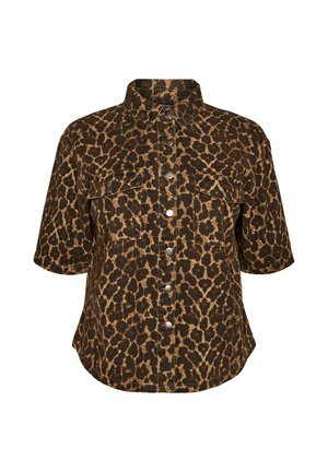 Lühikeste varrukatega nööbitav särk, pruunide ja mustade leopardimustriga, kahe eesmise klapitava taskuga.