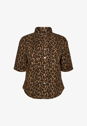 Short-sleeve button-up shirt with brown and black leopard print pattern and two front flap pockets.