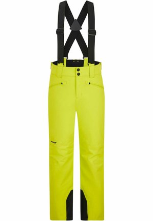 Pantaloni da sci impermeabili di un vivace giallo con accenti neri, bretelle regolabili, due tasche frontali e gambe inferiori rinforzate per una maggiore durata.