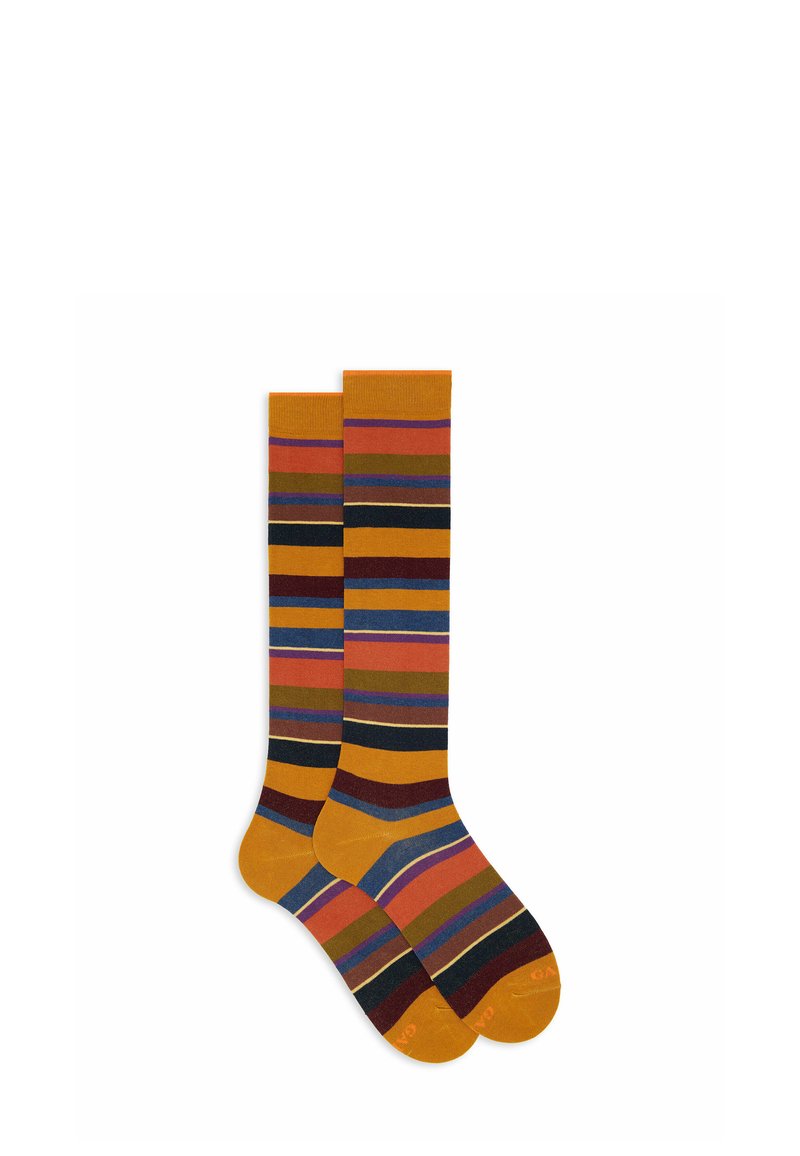 Un paio di calze al ginocchio con strisce orizzontali nei colori senape, ruggine, blu navy, oliva, bordeaux, blu e viola.