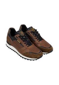 Brown suede and mesh sneakers with black accents and laces. Features a white midsole and textured rubber outsole for traction.