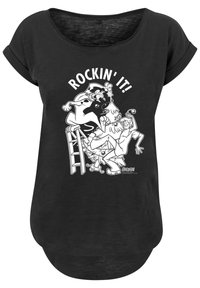 Svart t-skjorte med kort erm og hvit grafisk design med teksten "ROCKIN' IT!" og tegneseriefigurer i lekne poseringer.