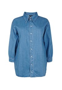 Camicia in denim con colletto a punta, maniche lunghe e chiusura con bottoni, caratterizzata da righe verticali di piccoli chiodi d'argento e una vestibilità comoda.