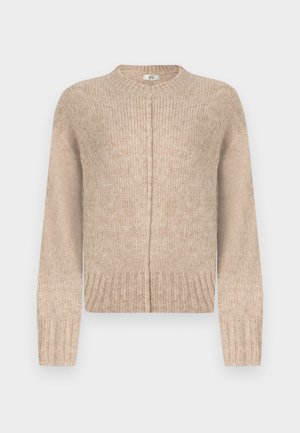 Beige gestrickter Pullover mit langen Ärmeln, Rundhalsausschnitt, geripptem Saum und Nahtdetails auf der Vorderseite. Hergestellt aus einem weichen, strukturierten Material.