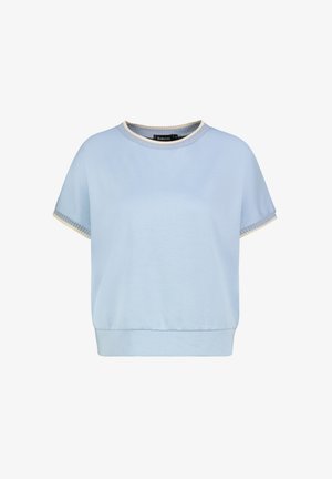 Light blue short-sleeve top made of soft fabric, featuring a ribbed neckline and sleeve cuffs with a contrasting edge detail.