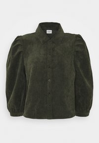 Camicia in corduroy verde con colletto, maniche a sbuffo e chiusura a bottoni, caratterizzata da una superficie testurizzata e una vestibilità rilassata.