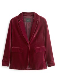 Veste en velours bordeaux avec col à revers, deux poches avant, fermeture à un bouton et manches retroussées. Texture douce et design ajusté.