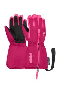 Rosa wasserdichte Handschuhe mit schwarzer Handfläche, elastischem Bündchen und Reißverschlussdetails. Verstärkte Fingerspitzen und Branding auf der Rückseite. Weiche Textur.