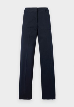 Donkerblauwe, rechte broek van gladde stof met een platte voorkant en zonder zichtbare versieringen of patronen.