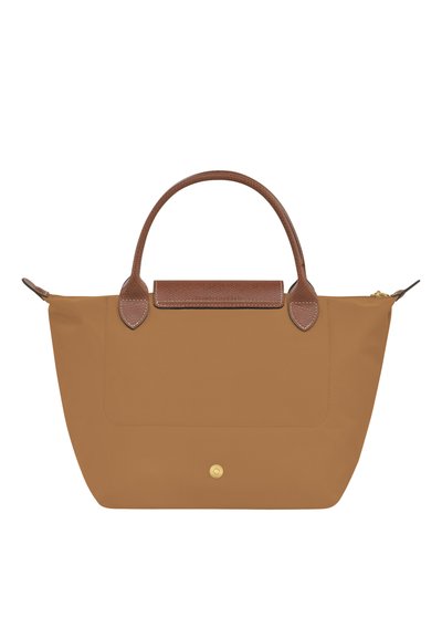 Brown nylon tote bag with leather accents and handles. Features a structured shape and a gold hardware button. Smooth texture.