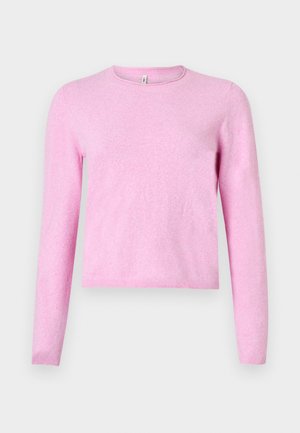 Pink long-sleeve sweater in a soft, lightweight knit. Features a round neckline and ribbed hem. Simple design without patterns or embellishments.