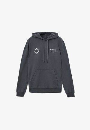 Felpa con cappuccio grigia scura realizzata in cotone, dotata di una tasca a marsupio. Presenta un logo circolare e il nome del brand stampati in bianco sulla parte anteriore.