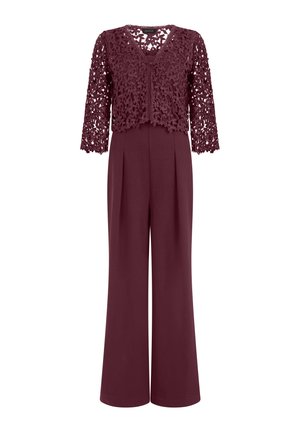 Jumpsuit in pruimkleur met broekspijpen wijd uitlopend en een cropped jasje van bloemrijke kant met driekwartmouwen en een V-hals.