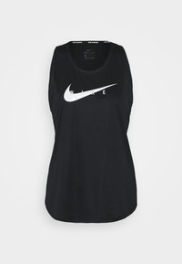 Camiseta sin mangas negra Nike Dri-FIT con un logotipo y letras blancas de Nike en el frente. Tejido suave con un corte relajado.
