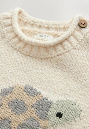Strickpullover in Creme mit einem strukturierten, gerippten Kragen. Enthält ein Schildkröten-Design in Grau, Beige und Grün. Mit Holzknopf-Detail.