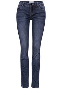 Slim jeans i mörkblå denim med medelhög midja, femficksdesign och subtila sömnadsdetaljer längs sömmarna.