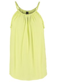 Robe sans manches vert citron en tissu léger, dotée de bretelles tressées et d'un détail froncé au niveau de l'encolure pour une coupe décontractée.