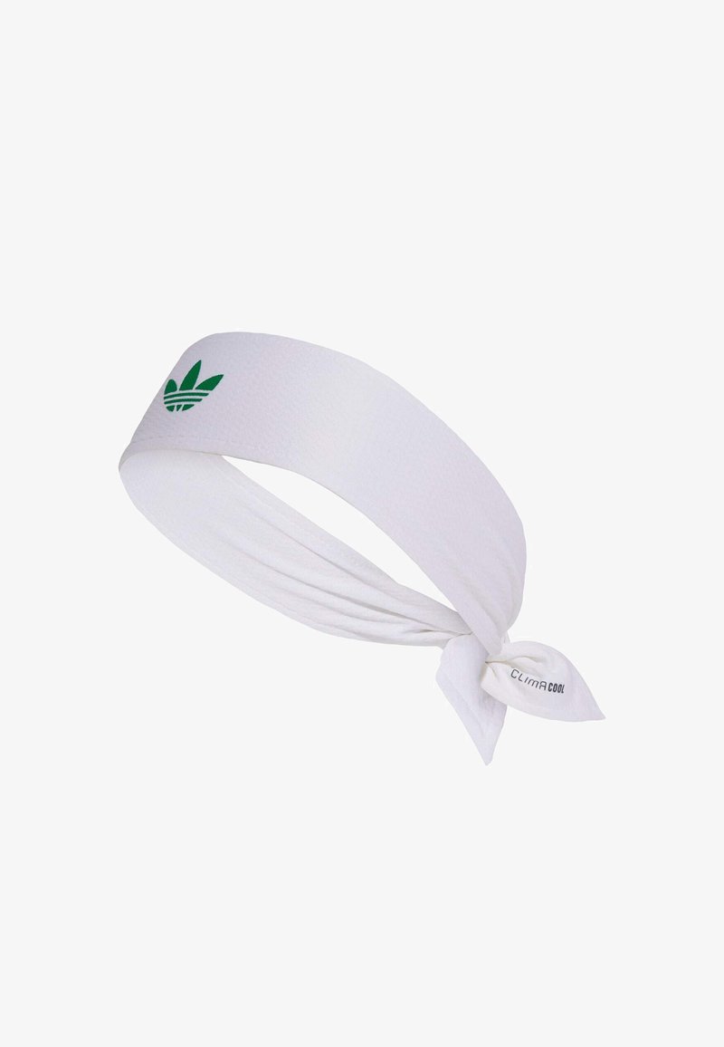 White sports headband made of lightweight material, featuring a green Adidas trefoil logo and a tied knot detail at one end.