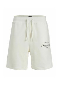Beli bombažni šort s elastiko za pas in vezalko. Ima črn natisnjen logotip z napisom "Ocean club" na levi stegni.
