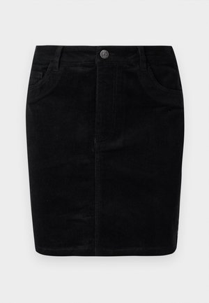 Black corduroy skirt featuring a straight cut, button closure, front pockets, ribbed texture, and matte finish.