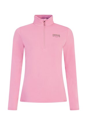 Pink long-sleeve pullover with a zip neck, made of soft fabric. Features a small black logo on the chest and a fitted design.