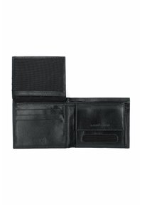 Czarny skórzany portfel z wieloma slotami na karty, siatkowym uchwytem na identyfikator oraz ochroną RFID. Wnętrze charakteryzuje się gładką teksturą i wytłoczonym logo.