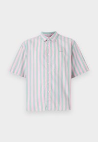 Chemise à manches courtes à boutons avec des rayures verticales alternativement rose clair et vert menthe, dotée d'une texture en coton doux et d'un petit détail de logo.
