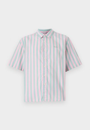 Chemise à manches courtes à boutons avec des rayures verticales alternativement rose clair et vert menthe, dotée d'une texture en coton doux et d'un petit détail de logo.