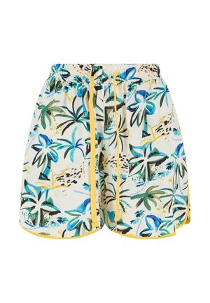 Shorts à imprimé tropical avec une taille élastique et un cordon jaune. Le tissu a une texture légère et lisse avec des motifs de plantes bleues et vertes.