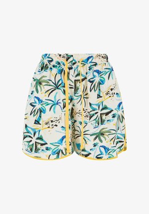 Tropu motīvu šorti ar elastīgu jostu un dzeltenu auklu. Audums ir viegls, gluds ar zilo un zaļo augu rakstiem.