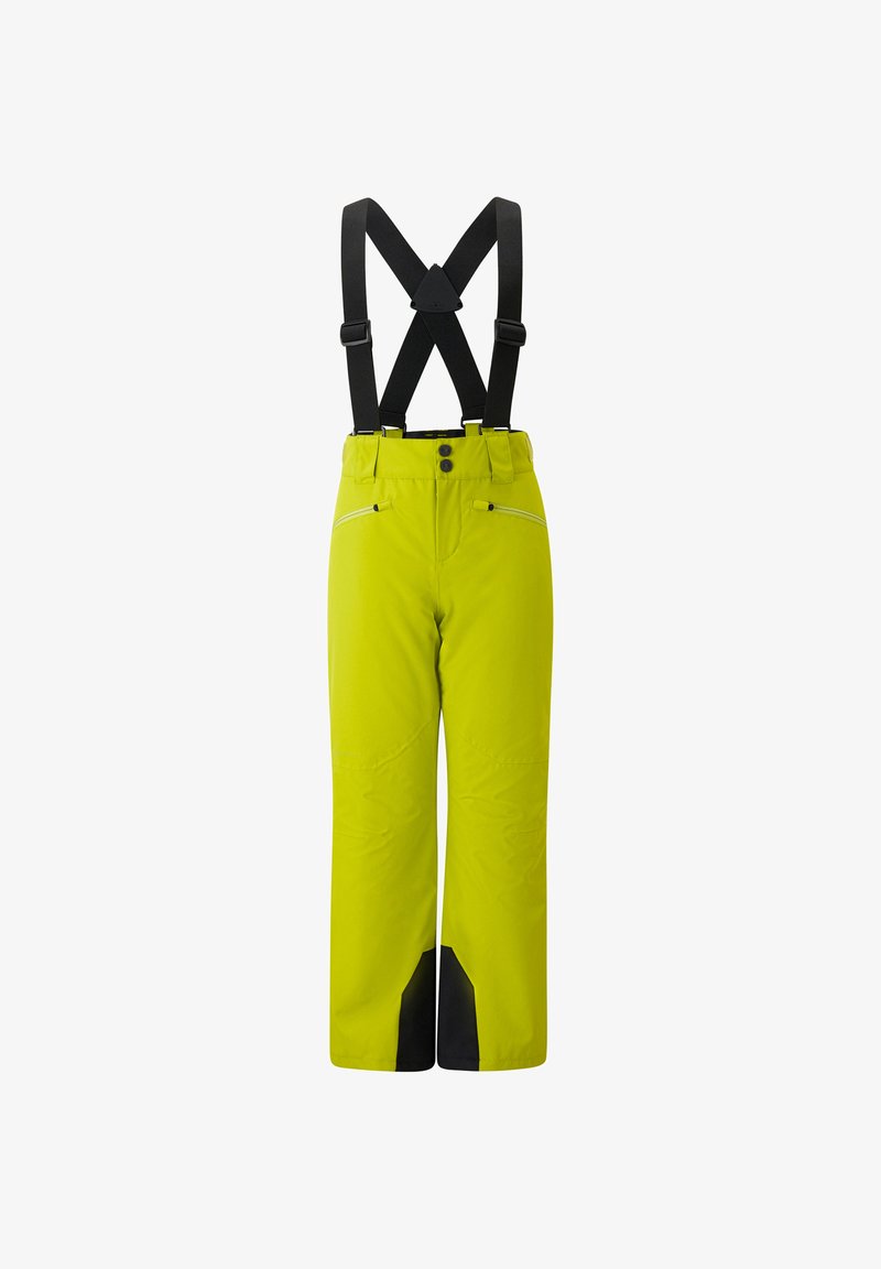 Pantalons de ski jaunes avec bretelles noires réglables, deux poches zippées à l'avant et accents noirs renforcés aux chevilles, conçus pour les activités de plein air.