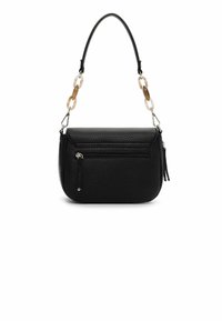 Melna ādas soma ar fakturētu virsmu. Tai ir augšējā rokturis ar caurspīdīgām un gaiši brūnām apdares saitēm, kā arī priekšējā rāvējslēdzēja kabata.