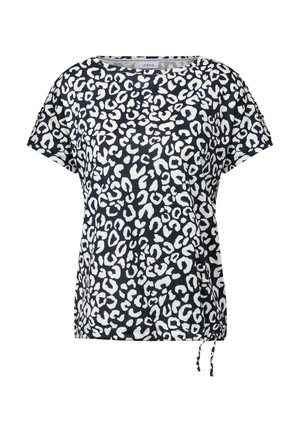 Navy blue short-sleeve t-shirt with white leopard print, relaxed fit, and adjustable drawstring at the hem for customizable length.
