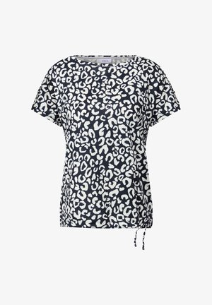Mørkeblå kortærmet T-shirt med hvid leopardprint, afslappet pasform og justerbar snoretræk i kanten til tilpasselig længde.