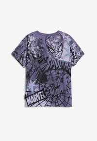Short-sleeve purple t-shirt featuring Spider-Man graphics, black outlines, and comic-style text accents on a textured background.