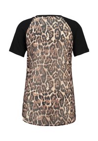 Tričko s krátkým rukávem, černým předním dílem a poloprůhledným zadním dílem s béžovým a hnědým leopardím vzorem. Materiál s příměsí bavlny.