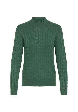 Zöld kötött pulóver, amely texturált mintával, hosszú ujjal és magas gallérral rendelkezik. Puha anyagból készült, testhezálló dizájnnal.