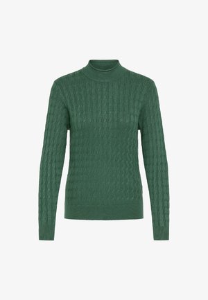 Zöld kötött pulóver, amely texturált mintával, hosszú ujjal és magas gallérral rendelkezik. Puha anyagból készült, testhezálló dizájnnal.