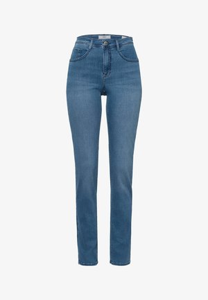 Jeans blu a vita alta in denim medio, con design classico a cinque tasche, chiusura con bottone metallico e silhouette dritta.