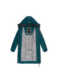 Grönblå vadderad jacka med huva och grått innerfoder. Inkluderar en etikett och en dragkedjedetalj på vänster sida. Slät textur, quiltad design.