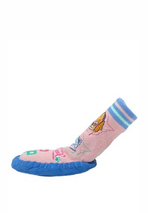 Rosa Socke mit blauer Gummisohle, die bunte Tiergrafiken und Pastellmuster zeigt. Gerippter Schaft mit hellblauen und grünen Streifen.